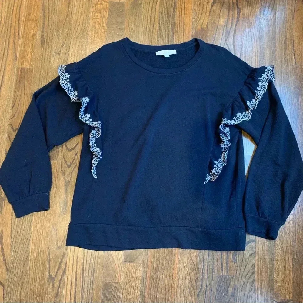 LOFT XL Navy Embroidered Ruffle Top Sweatshirt Feminine